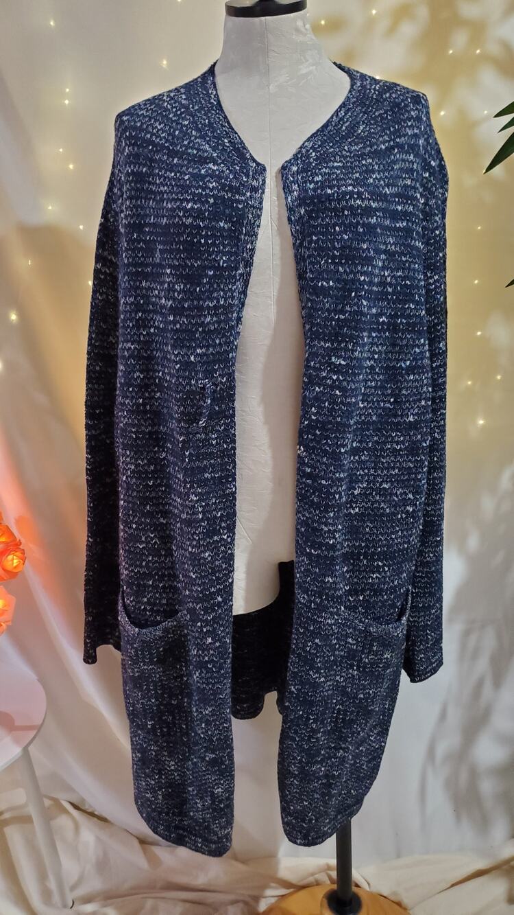 J. Jill Annette Longline Open Knit Blue White Duster Cardigan Sweater Womens XL